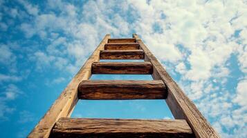 Ladder leading into a bright blue sky filled with puffy clouds, symbolizing aspiration and a clear path forward, achievement and dreams. photo