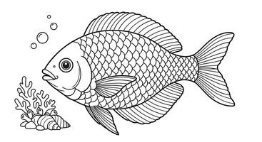 A fish coloring page with a coral reef in front of it. vector