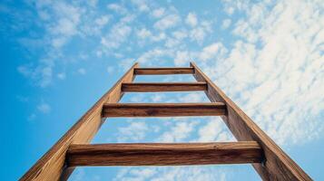 A wooden ladder pointing up against a bright blue sky filled with fluffy white clouds. A path to climb toward success and achievement. photo