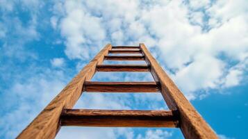Wooden ladder against a bright blue sky with puffy white clouds, representing upward movement, aspiration, and a climb towards success. photo