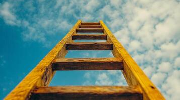 Ladder reaching to blue sky, symbolizing aspiration, progress, and limitless potential. A rustic wooden ladder against the backdrop of clouds. photo