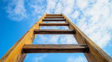 Wooden ladder against a blue sky with clouds, symbolizing aspiration, climbing toward dreams, success, and advancement against the backdrop of nature. photo