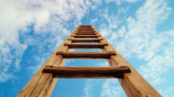 A long wooden ladder stretches upwards towards a partly cloudy sky, symbolizing aspiration, progress, and reaching for the sky. photo