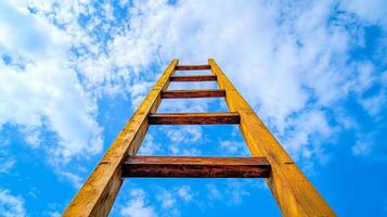 Ladder extending towards a vibrant blue sky filled with fluffy white clouds, symbolizing aspiration and reaching for dreams. photo