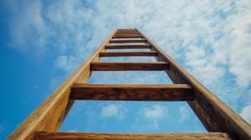 Ladder pointing upwards towards blue sky, symbolizing progress, ambition, and reaching goals. Perspective is from ground looking up. photo