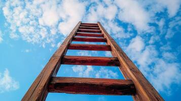 Wooden ladder reaching upwards against a backdrop of blue sky and clouds, symbolizing aspiration and progress. Success is achievable. photo