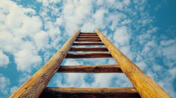 Ladder to the sky, leading upwards. Rustic wooden ladder contrasting the blue and cloudy sky, symbolising aspirations and upward climb. photo