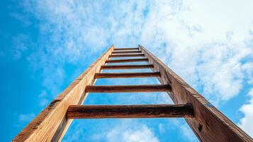 Looking up a wooden ladder against a vibrant blue sky filled with scattered clouds, symbolizing ambition, progress, and reaching new heights. photo