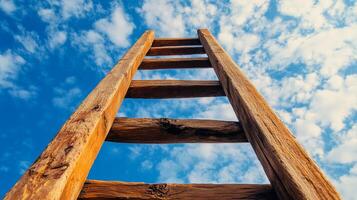 Ladder against a partly cloudy sky, symbolizing opportunity, aspiration, and upward mobility in a bright, open setting. photo