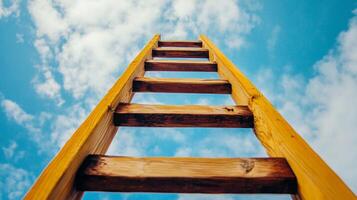 Wooden ladder against a backdrop of a blue sky with fluffy white clouds, leading to the sky, symbolizes upward progress and achieving goals. photo