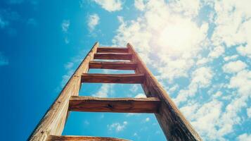 Wooden ladder reaching towards the sky. The structure symbolizes advancement, aspiration, and a climb towards a brighter future. photo