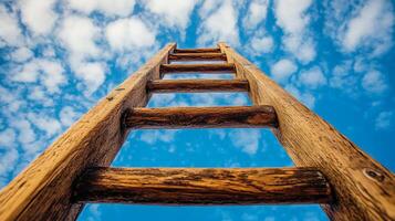 Wooden ladder reaching towards the sky, symbolizing growth and upward movement, set against a backdrop of fluffy clouds. photo
