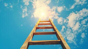 Ladder reaching into the sky, symbolizing upward progress. Clouds frame the top, inviting to climb higher and reach for the heavens. photo