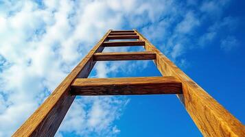 Ladder ascending into a bright blue sky with fluffy white clouds, symbolizing growth, opportunity, and the pursuit of success. photo