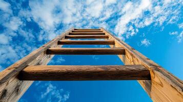 Wooden ladder stretches towards a bright blue sky dotted with soft, fluffy clouds, symbolizing growth, aspiration, and upward progress. photo
