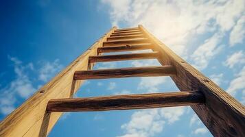 Ladder extending upwards into a bright sky, representing opportunity, growth, and aspiration towards a better future. photo