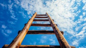A rustic wooden ladder stretches upwards towards a vibrant blue sky dotted with fluffy white clouds, symbolizing aspiration and progress. photo