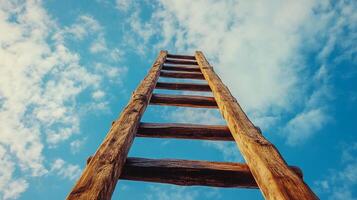 Wooden ladder stretches skyward against a backdrop of fluffy clouds, symbolizing aspiration, progress, and upward movement. photo