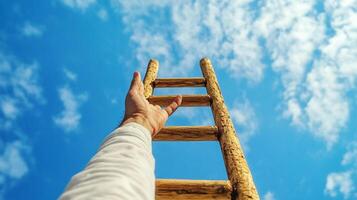 Low angle shot of a hand reaching up a rustic, weathered wooden ladder set against a bright blue sky with scattered clouds. photo
