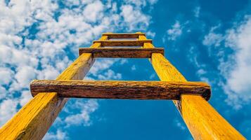Low-angle shot of an old, weathered, yellow wooden ladder reaching up toward the sky with fluffy clouds, representing ambition and aspiration. photo