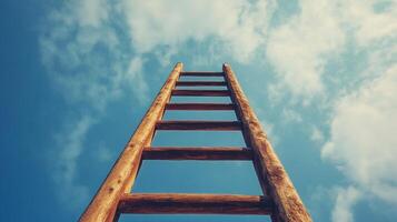 Ladder ascends into the bright sky, leading to infinite possibilities. Achieving goals, dreams, climbing higher, and striving for progress. photo