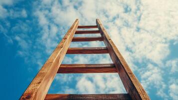 Wooden ladder reaching towards a vibrant blue sky with scattered clouds, symbolizing aspiration and upward mobility in a hopeful setting. photo