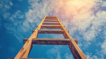 Looking up at a weathered wooden ladder extending toward a sunny blue sky filled with fluffy white clouds, symbolizing aspiration. photo