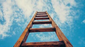 Looking up at a wooden ladder reaching towards a partly cloudy, bright blue sky. Shot from a low angle, emphasizing height and ascent. photo