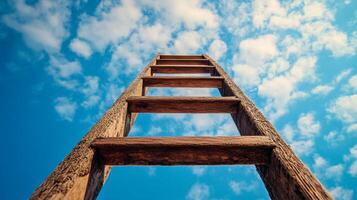 A rustic wooden ladder reaching towards a bright blue sky dotted with fluffy white clouds, symbolizing aspiration and the journey upward. photo