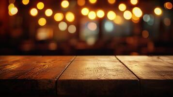 Rustic wooden table bathed in warm, bokeh lights invites gathering and conversation. Perfect backdrop for food or product display. photo