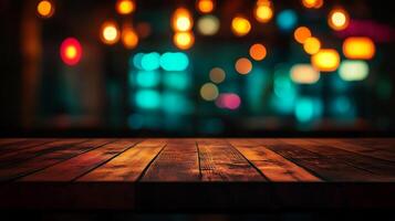 Rustic wooden table surface with an out-of-focus bokeh light background. Warm and inviting ambiance, perfect for product placement. photo