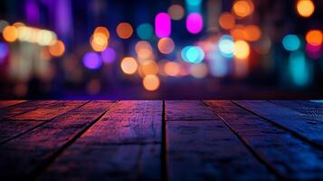 A vibrant wooden surface glows with urban light, creating a unique bokeh backdrop for imaginative displays and artistic presentation. photo