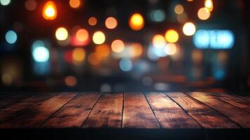 Wooden surface shines with warm hues. Defocused lights glow softly in the dark background creating inviting atmosphere. photo