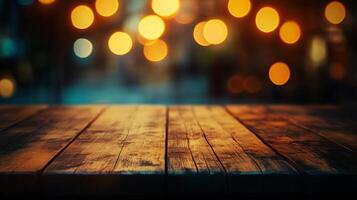 Rustic wooden surface bathed in warm light, perfect for showcasing products with a touch of cozy, nostalgic charm. Bokeh background. photo
