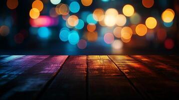 Colorful bokeh lights behind a dark wooden table create a vibrant and atmospheric scene. The lights add depth and create visual interest. photo