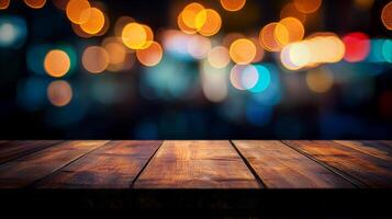 A wooden table stands invitingly before a blurred cityscape, awash with warm bokeh lights, suggesting a cozy, atmospheric evening ambiance. photo