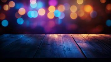 A wooden surface reflects vibrant, blurred lights, creating a festive atmosphere, perfect for product placement or display in a lively setting. photo