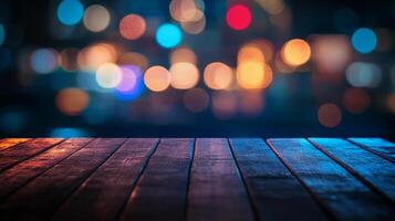 Wooden planks illuminated at night, with blurred city lights shimmering in the backdrop, creating a captivating atmosphere. photo