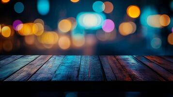 Atmospheric wooden table in a blur of city lights, perfect for display or showcasing product. Use for digital backgrounds or compositions. photo