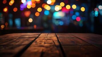 A rustic wooden surface sets the stage, blurred lights dance in the background, offering a festive and inviting atmosphere for gatherings. photo