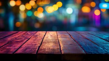 Wooden planks glow beneath a vibrant bokeh background, capturing a lively and festive atmosphere in an urban setting. photo