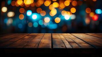 Wooden surface against blurred city lights. Warm and cool bokeh contrast. Ideal backdrop for product showcase or text overlays. photo