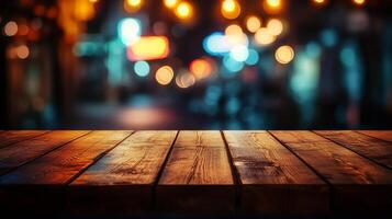 A warm, wooden surface reflects ambient lights, creating an inviting atmosphere. Ideal for showcasing products in a cozy, nocturnal setting. photo
