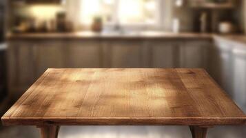 A warm, inviting wooden table stands ready in a blurred kitchen setting, offering a cozy and functional space for gatherings. photo