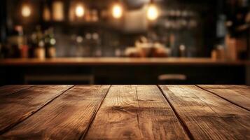 Rustic wooden table against blurred bar background with warm lighting, creating a cozy and inviting atmosphere. photo
