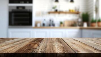 Rustic wooden table in a bright kitchen with white cabinets and an oven, ready to display food or products for presentation. photo