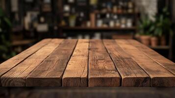 Rustic wooden table with blurred background showcasing shelves with decorative items, creating a warm, inviting atmosphere. photo