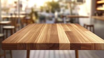 A close-up shot of a wooden table surface, showcasing its texture and grain, in a blurred indoor setting with tables and chairs in the background. photo