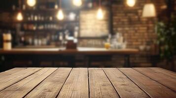 Rustic wooden table in a warm bar setting with ambient lighting creating a cozy atmosphere. Ready for food, drinks, and good times. photo