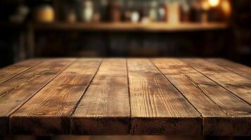Rustic wooden tabletop in front of blurred restaurant. Ideal for showcasing food, drinks, or product displays. Warm and inviting. photo
